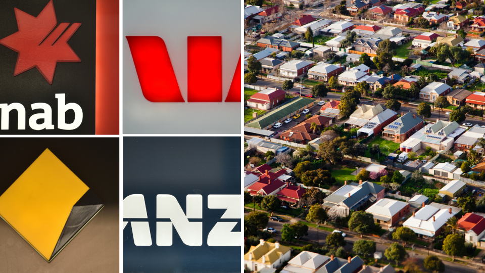 The logos of NAB, Westpac, CBA and ANZ and an aerial view of a suburb.