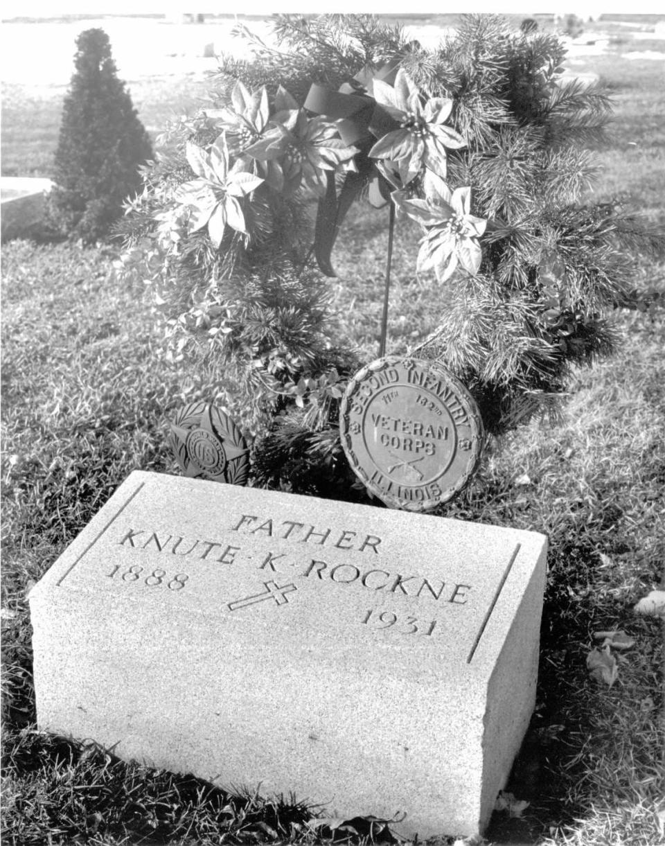 Knute Rockne burial gravestone at Highland Cemetery 2257 Portage Ave. South Bend, Indiana 46624.