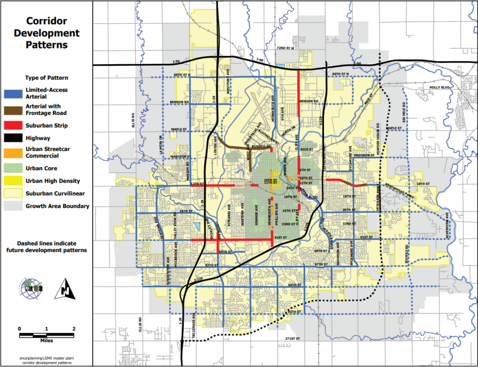 A map from the Shape Sioux Falls 2040 plan showing the city's corridor development patterns