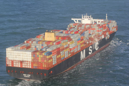 A handout aerial photo made available by the central command for maritime emergencies Havariekommando on their website on January 2, 2019 shows the container ship MSC ZOE. Up to 270 containers had fallen off the Panamanian-flagged MSC ZOE, one of the world's biggest container ships, in rough weather near the German island of Borkum and floated southwest toward Dutch waters. Havariekommando/Handout via REUTERS