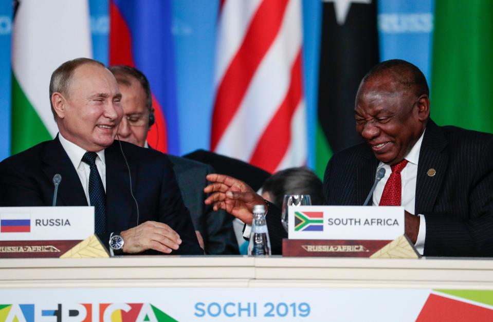 South African President Cyril Ramaphosa and Russia's President Vladimir Putin attend the first plenary session of the 2019 Russia-Africa Summit at the Sirius Park of Science and Art in Sochi, Russia, in an October 24, 2019 file photo. / Credit: SERGEI CHIRIKOV/POOL/AFP/Getty