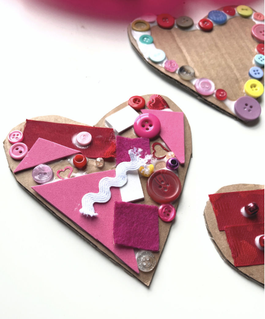 crafts for kids, heart shaped cardboard with buttons, ribbons, glitter and felt on top