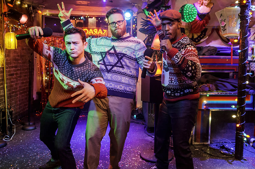 THE NIGHT BEFORE, from left: Joseph Gordon-Levitt, Seth Rogen, Anthony Mackie, 2015. ph: Sarah Shatz/Â©Columbia Pictures/courtesy Everett Collection