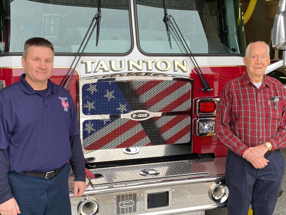 Taunton Firefighter Michael Pittsley, left, and his father, retired Taunton Fire Lt. William Pittsley are at the Oakland Fire Station on Jan. 23, 2024.