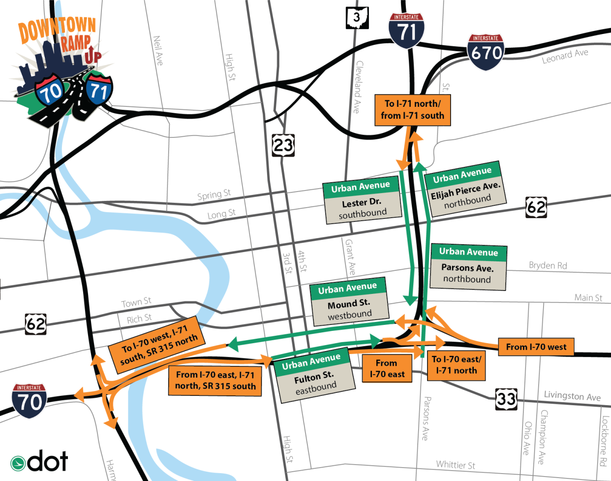 An ODOT map of how I-70 and I-71 will function when Downtown Ramp Up is finished.