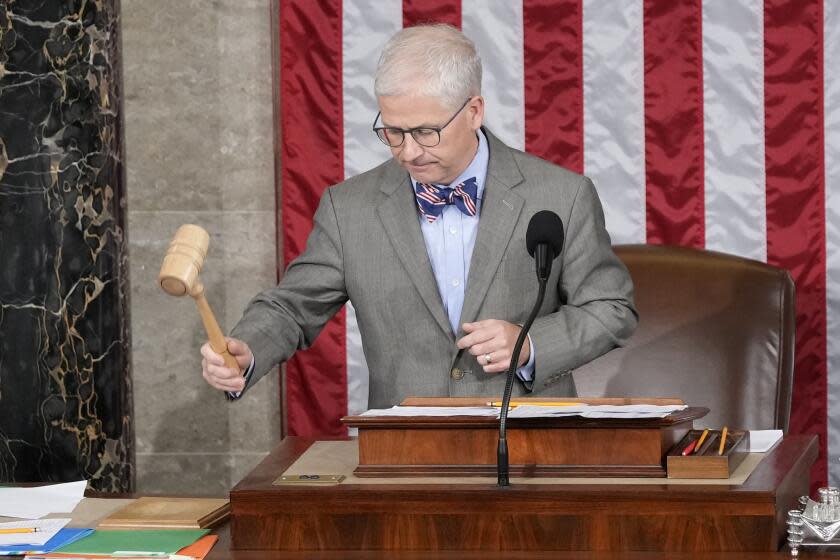 Rep. Patrick McHenry, R-N.C., the temporary leader of the House of Representatives and the speaker pro tempore, gavels the House into a recess after votes were tallied as Republicans try to elect Rep. Jim Jordan, R-Ohio, a top Donald Trump ally, to be the new House speaker, at the Capitol in Washington, Friday, Oct. 20, 2023. (AP Photo/Alex Brandon)