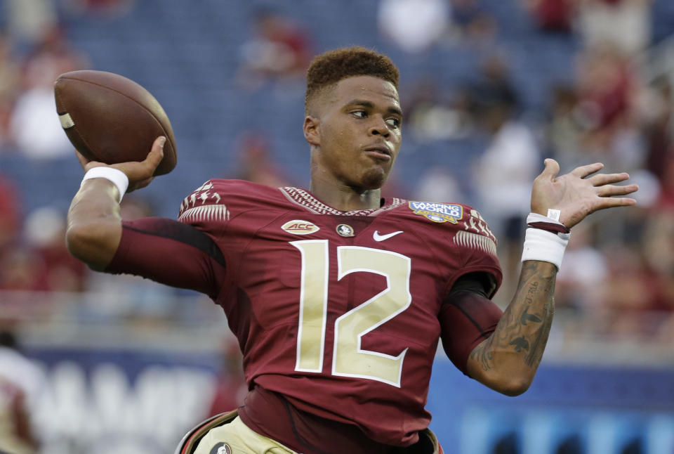 <p>On the rise: Deondre Francois, Florida State — Sleeper Heisman candidate? If Florida State beats Alabama and Francois plays well, the Heisman hype will begin. FSU lost WR Travis Rudolph and RB Dalvin Cook, but WRs Nyquan Murray and Auden Tate are ready to step in as Francois’ top two weapons. The QB does need to get his completion percentage over 60 percent, however. (Photo credit: AP) </p>