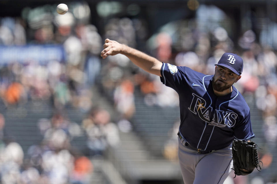 Tampa Bay Rays pitcher Aaron Civale throws to a San Francisco Giants batter during the first inning of a baseball game Wednesday, Aug. 16, 2023, in San Francisco. (AP Photo/Godofredo A. Vásquez)