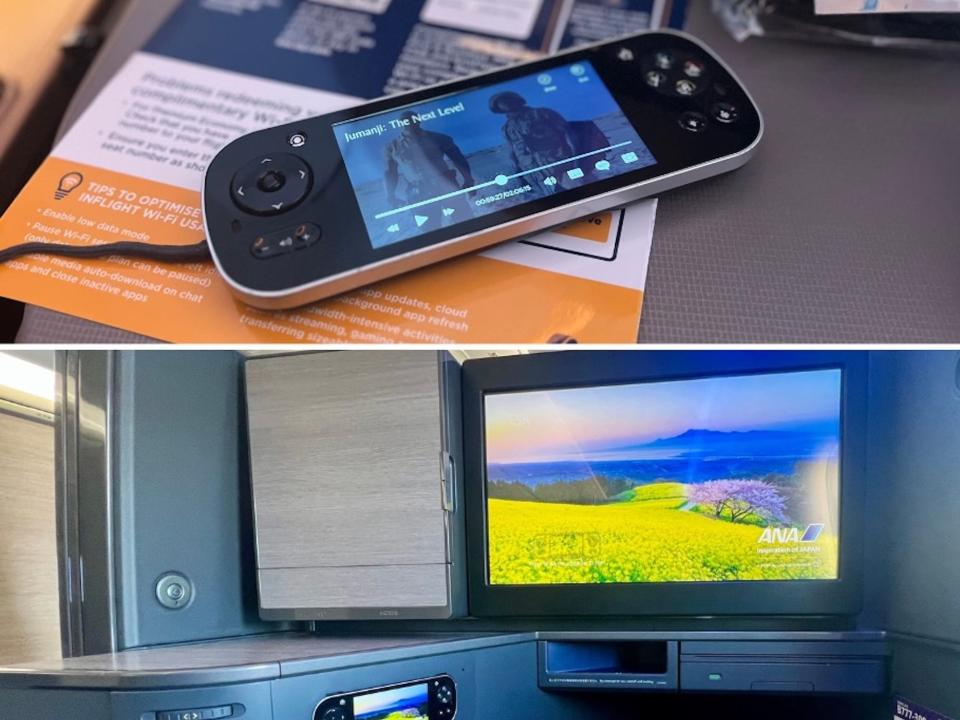 Photo collage: The handheld remote on Singapore with Jumanji 2 on the screen (left) | The TV and ANA remote (right).