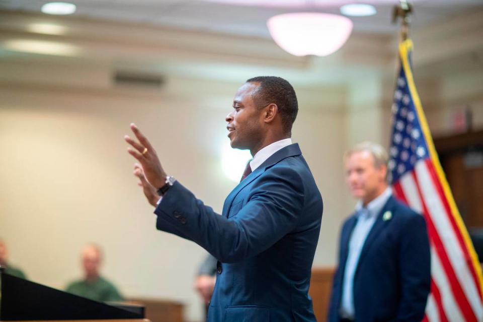 Republican nominee for governor and Kentucky Attorney General Daniel Cameron speaks at the grand opening of his office’s West Kentucky Field Office at the Marshall County Judicial Building in Benton, Ky., on Thursday, Oct. 12, 2023. Ryan C. Hermens/rhermens@herald-leader.com