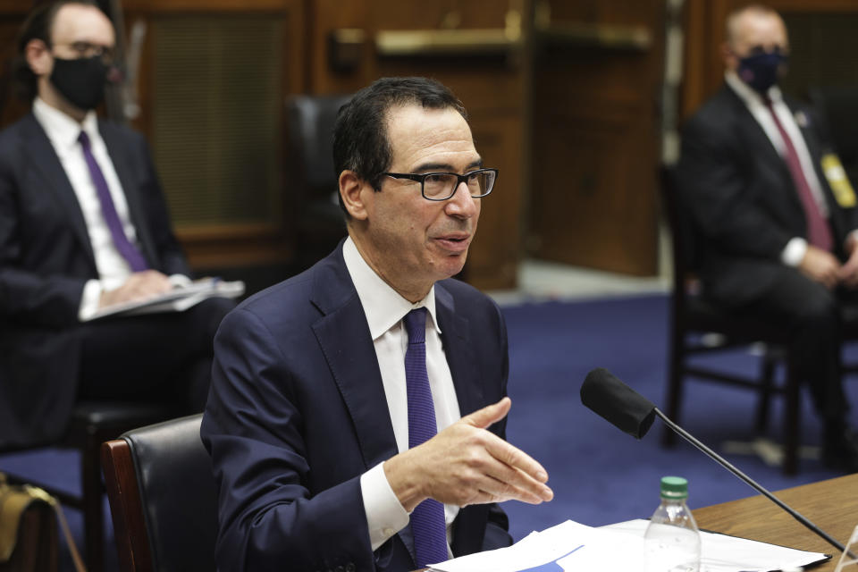 Treasury Secretary Steven Mnuchin testifies before the House Select Subcommittee on the Coronavirus Crisis, during a hybrid hearing, Tuesday, Sept. 1, 2020, on Capitol Hill in Washington. (Graeme Jennings/Pool via AP)