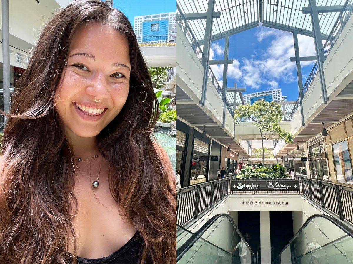 Ashley Probst selfie (left), ala moana center escalator leading down (right)