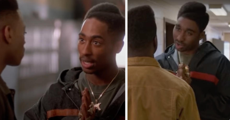 Tupac Shakur is pictured on the left, performing in the 1992 movie, Juice, while Demetrius Shipp Jr. (in All Eyez on Me) reenacts the iconic scene on the right.Costume designer: Francine Jamison-Tanchuck