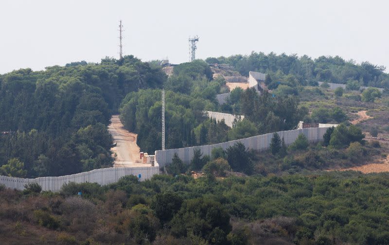 A border wall is pictured in the town of Marwahin, near the border with Israel