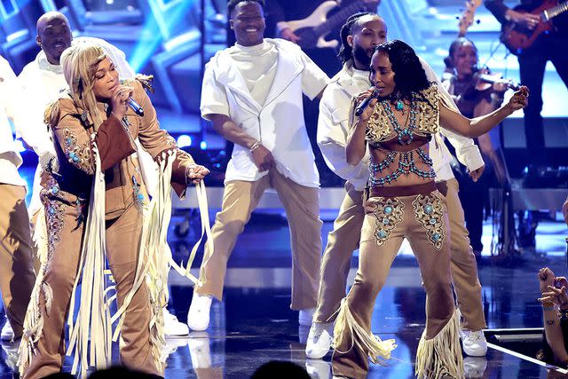 <p>Kevin Winter/Getty </p> Tionne "T-Boz" Watkins and Rozonda "Chilli" Thomas of TLC perform in Los Angeles in April 2024