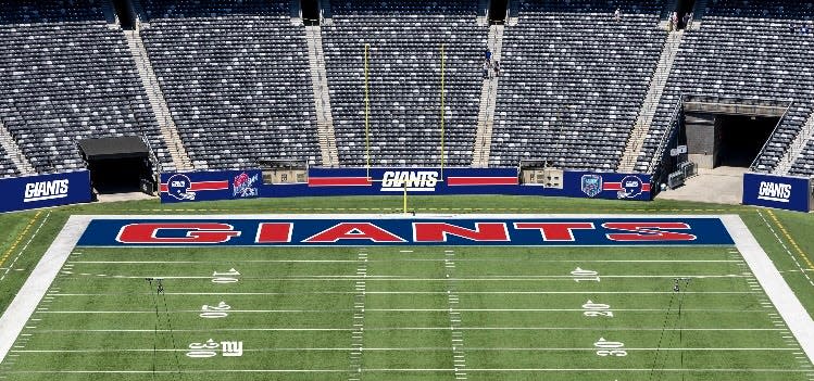 An illustration of the end zone view inside MetLife Stadium for the 2023 season's New York Giants Legacy Games.