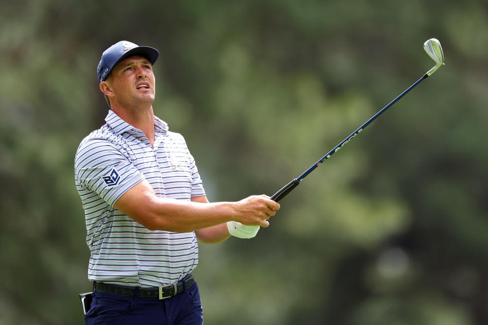 AUGUSTA, GEORGIA - APRIL 11: Bryson DeChambeau of the United States follows his shot from the fourth tee during the first round of the 2024 Masters Tournament at Augusta National Golf Club on April 11, 2024 in Augusta, Georgia.  (Photo by Andrew Redington/Getty Images)