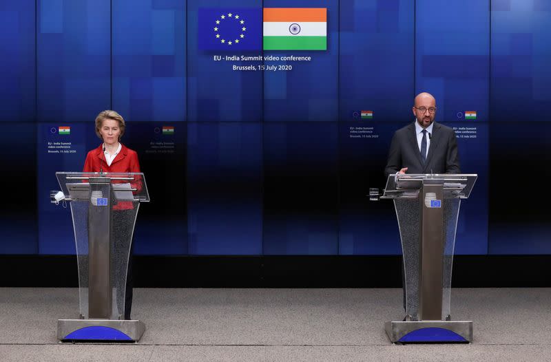 FILE PHOTO: European Council President Charles Michel and European Commission President Ursula von der Leyen speak during a news conference after a virtual summit with Indian Prime Minister Narendra Modi, in Brussels