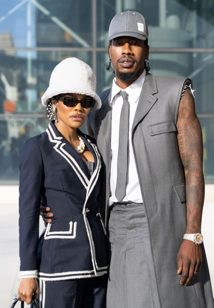 NEW YORK, NEW YORK - APRIL 29: Teyana Taylor and Iman Shumpert are seen arriving to Thom Browne Fall 2022 runway show at Javits Center on April 29, 2022 in New York City. (Photo by Gilbert Carrasquillo/GC Images)