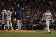 Houston Astros starting pitcher Zack Greinke is taken out of the game against the Boston Red Sox during the second inning in Game 4 of baseball's American League Championship Series Tuesday, Oct. 19, 2021, in Boston. (AP Photo/Winslow Townson)