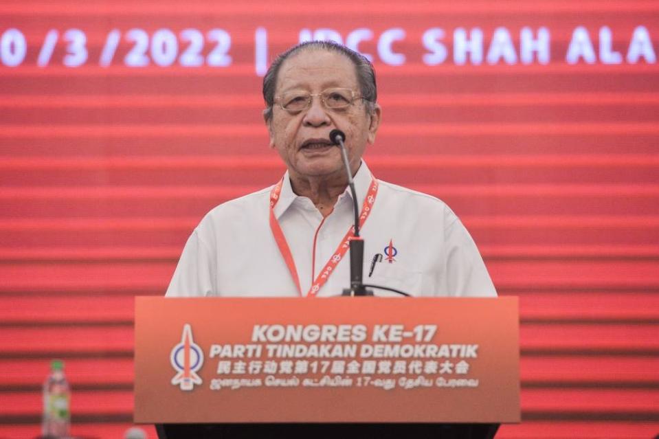 Lim Kit Siang speaks at 17th DAP 17th Congress in Shah Alam on March 20,2022. — Picture by Miera Zulyana