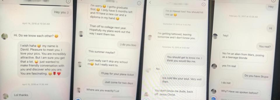 In the above images, provided to HuffPost by one of Torres' former employees, Torres appears to correspond with four separate women on Instagram. (His messages appear on the right side of each conversation.) Torres frequently messaged random girls on social media, his former employee said. (Photo: )