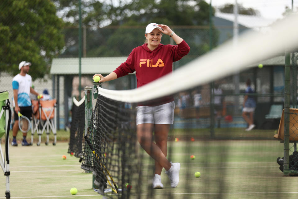 NEWCASTLE, AUSTRALIA - APRIL 06:  Ash Barty looks on during the National Indigenous Tennis Carnival Launch District Park Tennis at on April 06, 2023 in Newcastle, Australia. (Photo by Matt King/Getty Images for Tennis Australia)