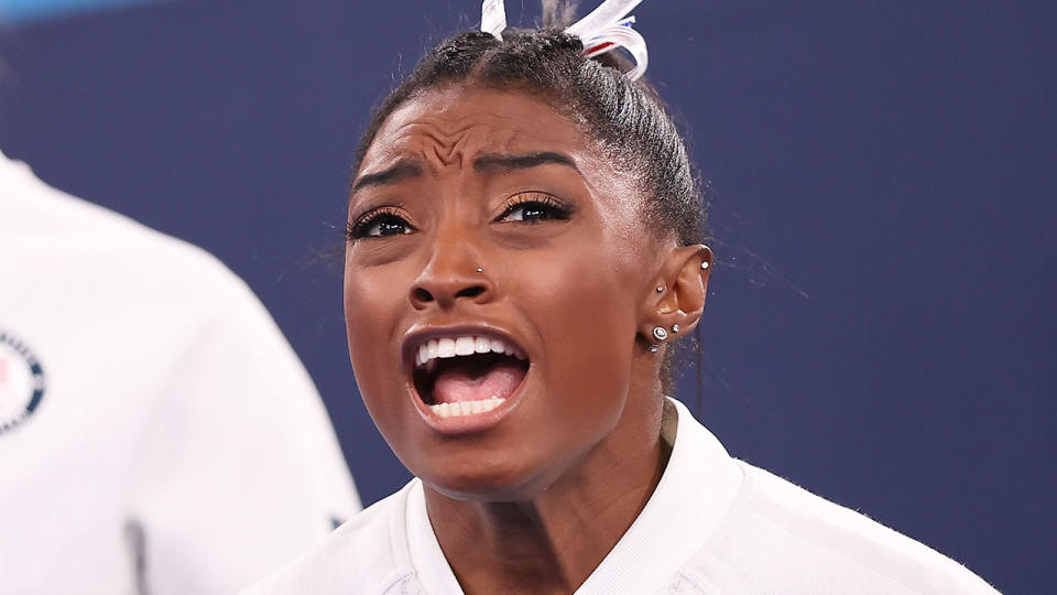 Seen here, Simone Biles lets out a roar at the Tokyo Olympics.