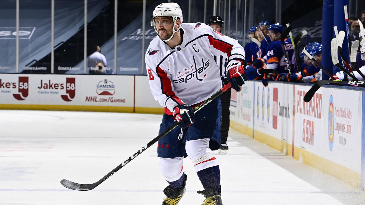 UNIONDALE, NEW YORK - APRIL 22:  Alex Ovechkin #8 of the Washington Capitals skates against the New York Islanders during the second period at Nassau Coliseum on April 22, 2021 in Uniondale, New York. (Photo by Steven Ryan/NHLI via Getty Images)