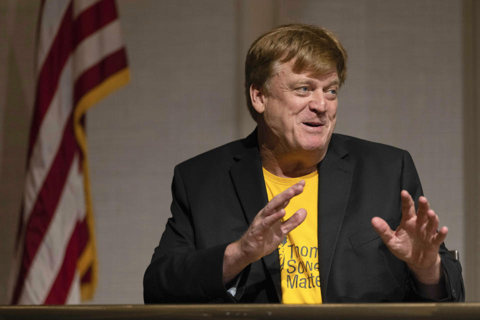 Patrick Byrne speaks during a panel discussion at the Nebraska Election Integrity Forum on Saturday, Aug. 27, 2022, in Omaha, Neb. (AP Photo/Rebecca S. Gratz)