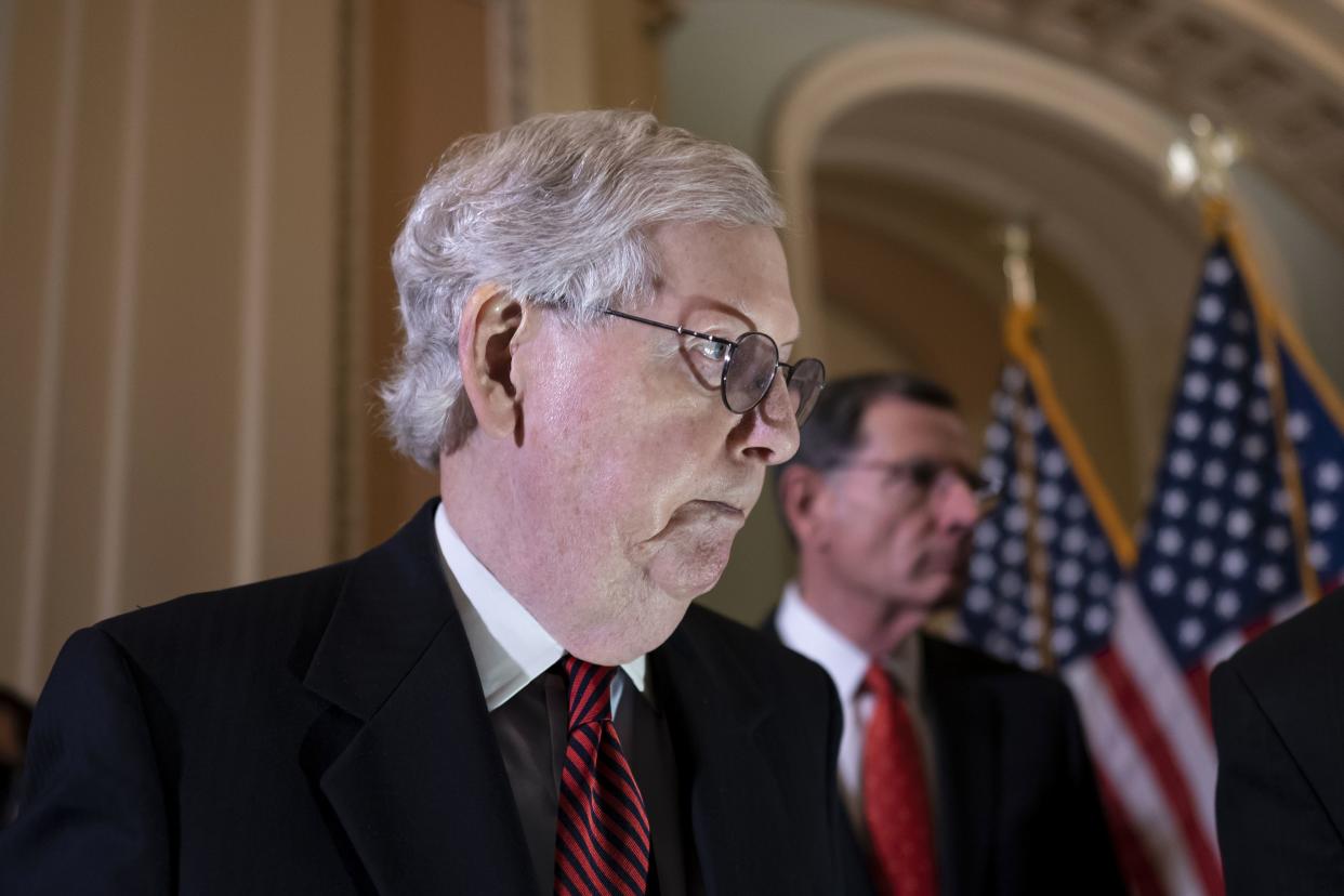 Senate Minority Leader Mitch McConnell (R-Ky.) finishes speaking with reporters following a closed-door policy lunch at the Capitol in Washington, D.C. on Tuesday, May 24, 2022. (AP Photo/J. Scott Applewhite)