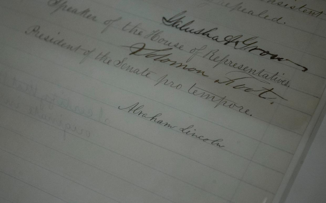 President Abraham Lincoln's signature is pictured on The Emancipation Act at the National Archives