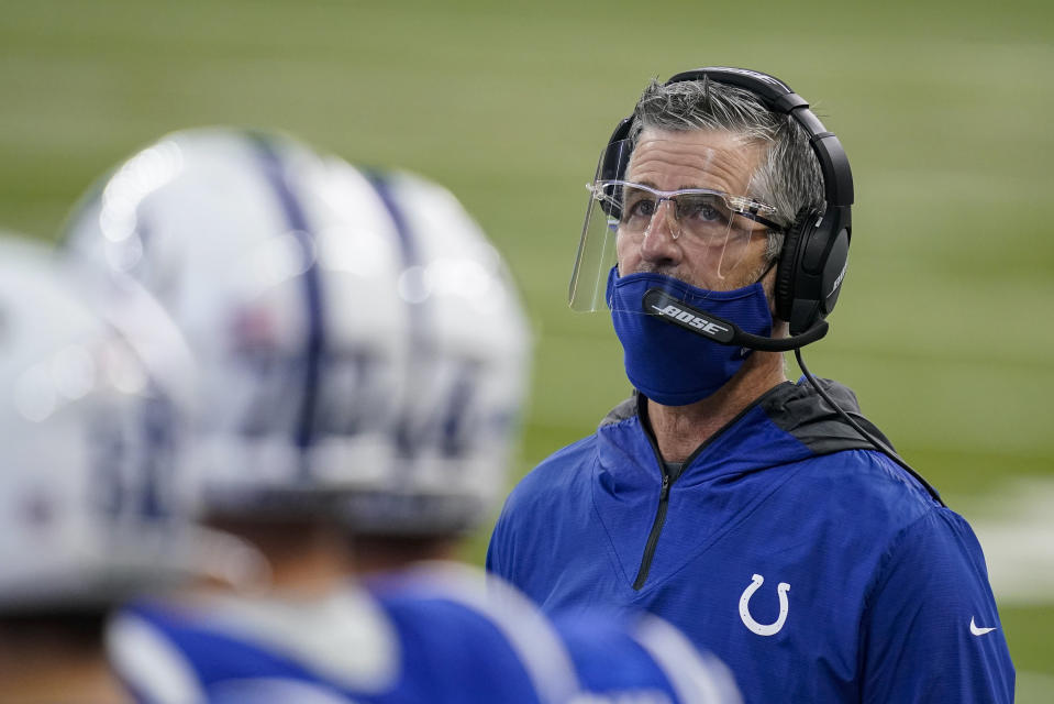 Indianapolis Colts head coach Frank Reich stands on the sideline in the first half of an NFL football game against the Tennessee Titans in Indianapolis, Sunday, Nov. 29, 2020. (AP Photo/Darron Cummings)
