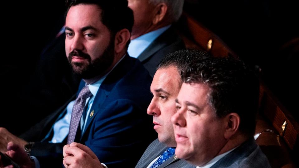 PHOTO: From left, Reps. Lawler, R-N.Y., D'Esposito, R-N.Y., and Lalota, R-N.Y., are seen on the House floor of the U.S. Capitol before a second ballot in which Rep. Jordan, R-Ohio failed to receive enough votes to win the position on Oct. 18, 2023.  (Tom Williams/CQ Roll Call via AP Images, FILE)