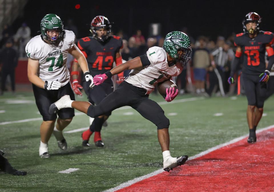 Pacifica's Josh Joyner scores a touchdown during a 28-3 win over Rio Mesa on Oct. 20.