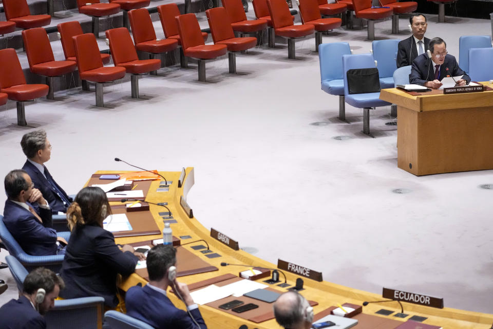 South Korean Ambassador to the United Nations Hwang Joon-kook, left, listens as North Korean Ambassador Kim Song addresses a Security Council meeting on Non-proliferation/North Korea, Thursday, July 13, 2023 at United Nations headquarters. (AP Photo/Mary Altaffer)