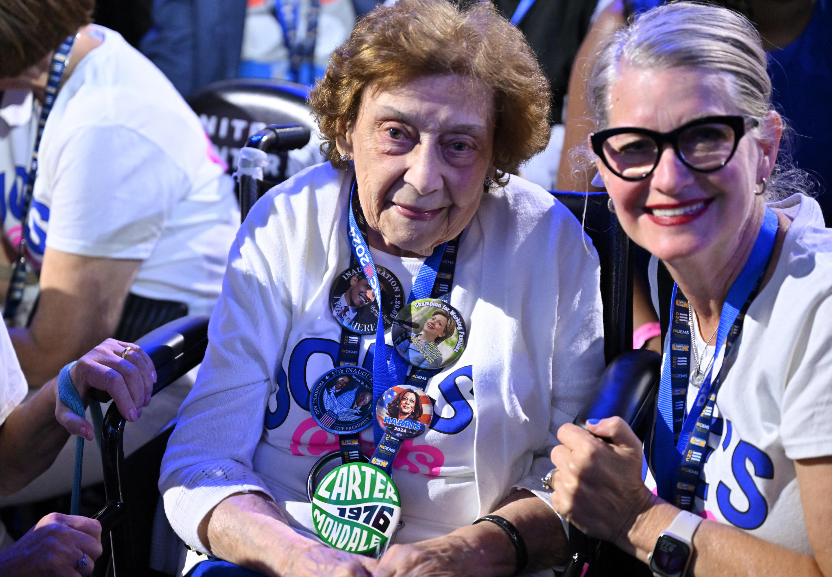 Angie Gialloreto, a 95-year-old delegate from Pennsylvania, poses for a photo on the first day of the convention. (Robyn Beck/AFP via Getty Images)