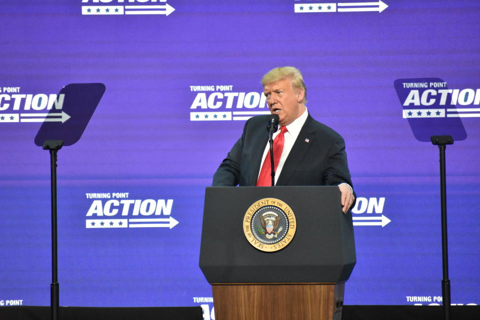 PHOENIX, USA - JUNE 23: U.S. President Donald Trump speaks during a Students for Trump event at the Dream City Church in Phoenix, Arizona, United States on June 23, 2020. (Photo by Kyler Mazza/Anadolu Agency via Getty Images)