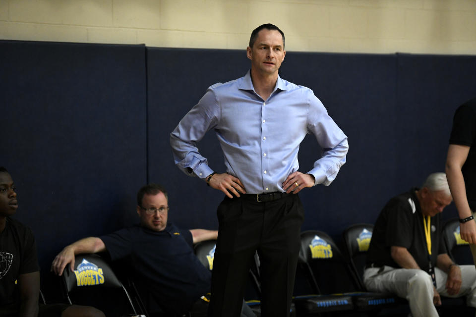 DENVER, CO - JUNE 19: Arturas Karnisovas, General Manager for the Denver Nuggets, watches potential draft picks during a pre-draft workout for NBA hopefuls at the practice court at Pepsi Arena on June 19, 2017 in Denver, Colorado. (Photo by Helen H. Richardson/The Denver Post via Getty Images)