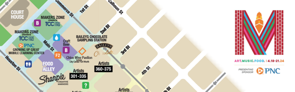 Map of the 2024 Fort Worth Main Street Art Festival April 18-21 located in downtown Fort Worth.