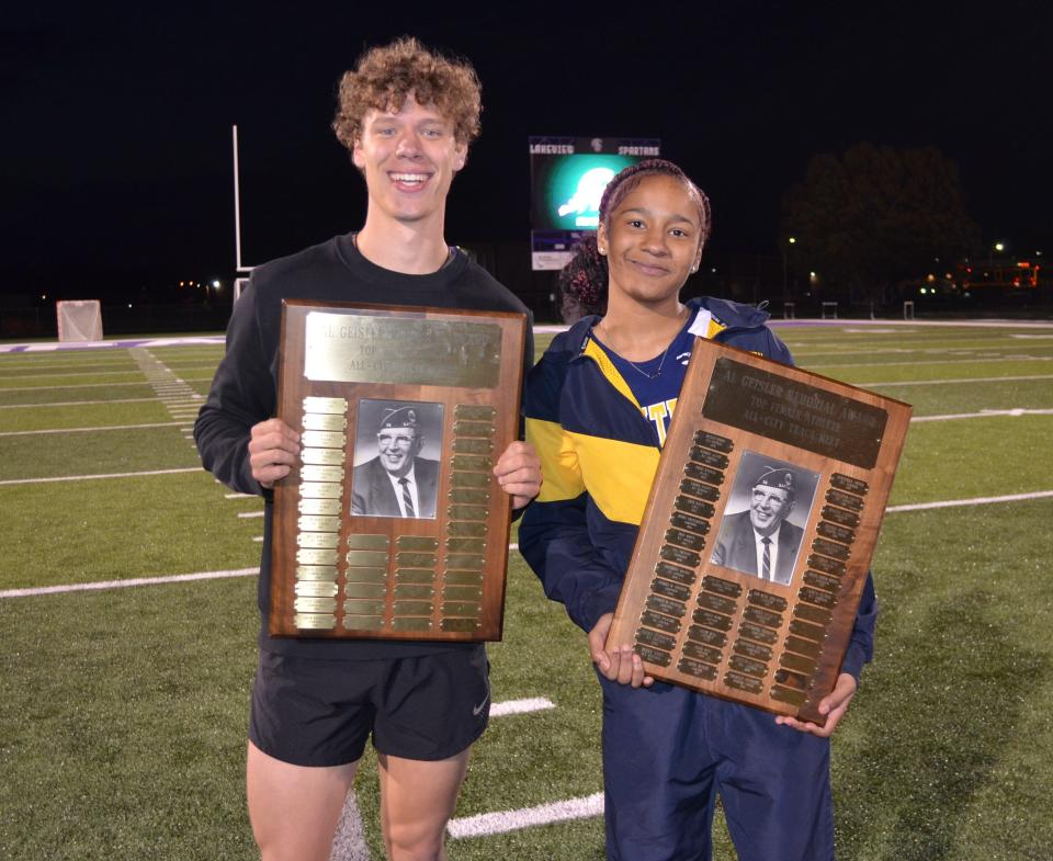 The 2023 All-City Track Championship Most Outstanding Performers were, from left, Caleb Bost of Lakeview and Erykah Alexander of Battle Creek Central.