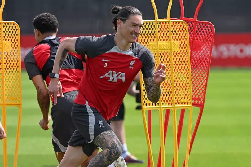Darwin Nunez of Liverpool during a training session at the AXA Training Centre