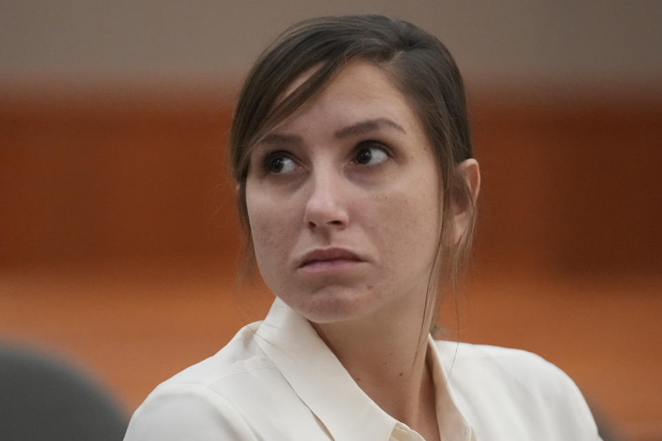 Kouri Richins, a Utah mother of three who authorities say fatally poisoned her husband then wrote a children's book about grieving, looks on during a bail hearing Monday, June 12, 2023, in Park City, Utah. A judge ruled to keep her in custody for the duration of her trial. (AP Photo/Rick Bowmer, Pool)