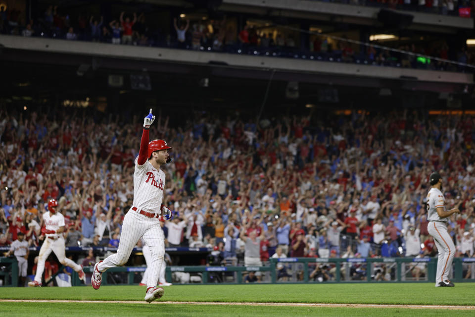 Trea Turner celebrates a walk-off this month. (Rich Schultz/Getty Images)