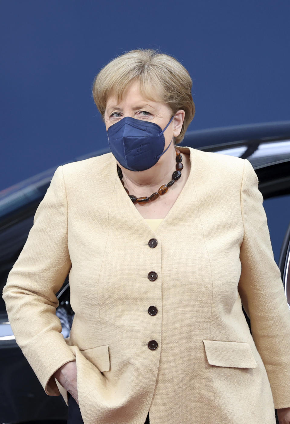 German Chancellor Angela Merkel arrives for an EU summit at the European Council building in Brussels, Friday, June 25, 2021. EU leaders are discussing the economic challenges the bloc faces due to coronavirus restrictions and will review progress on their banking union and capital markets union. (Aris Oikonomou, Pool Photo via AP)