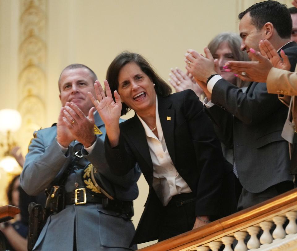 Trenton, NJ — February 27, 2024 -- NJ State Police Superintendent Pat Callahan, with NJ Treasurer Elizabeth Maher Muoio during Governor Phil Murphy's budget address for New Jersey's 2025 fiscal year.