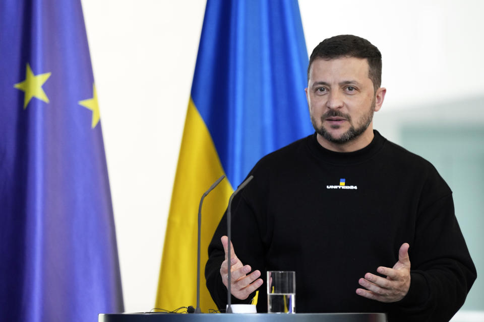 Ukraine's President Volodymyr Zelenskyy speaks during a media conference at the chancellery in Berlin, Germany, Sunday, May 14, 2023. Ukrainian President Volodymyr Zelenskyy arrived in Berlin early Sunday for talks with German leaders about further arms deliveries to help his country fend off the Russian invasion and rebuild what's been destroyed by more than a year of devastating conflict. (AP Photo/Matthias Schrader)