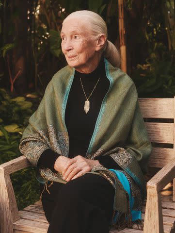 <p>Brilliant Earth</p> Jane Goodall wearing a banana leaf necklace from The Jane Goodall Collection from Brilliant Earth