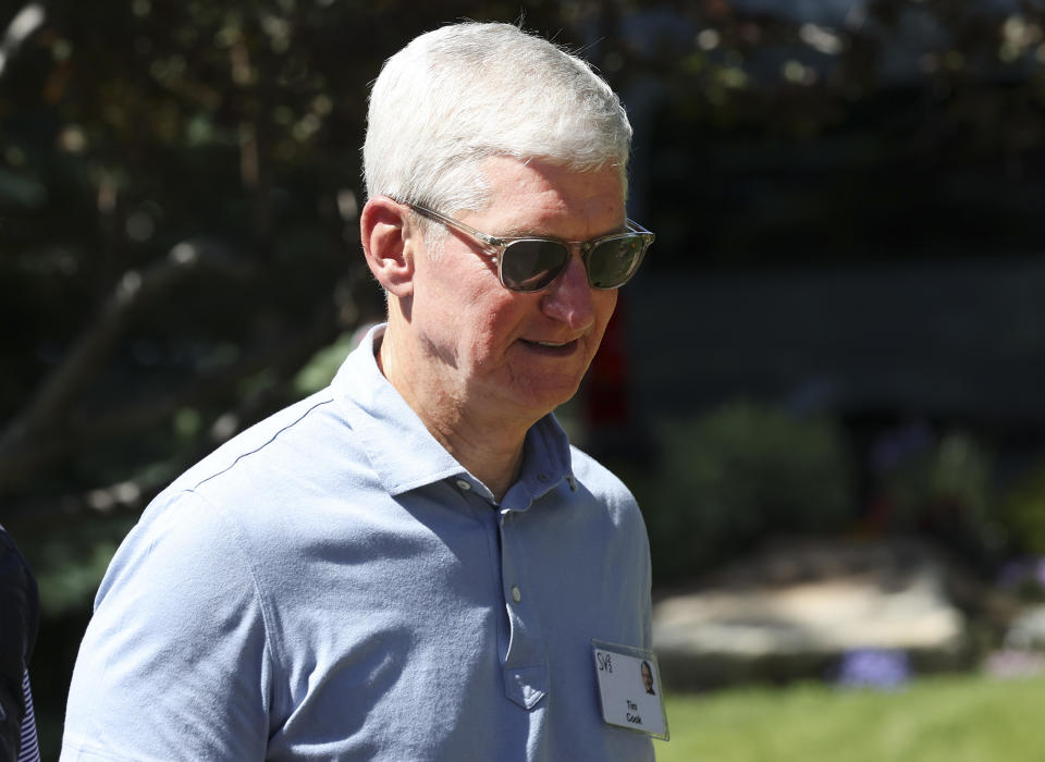 SUN VALLEY, IDAHO - JULY 08: Tim Cook, CEO of Apple, attends the Allen &amp; Company Sun Valley Conference on July 08, 2022 in Sun Valley, Idaho. The world's most wealthy and powerful businesspeople from the media, finance, and technology will converge at the Sun Valley Resort this week for the exclusive conference. (Photo by Kevin Dietsch/Getty Images)