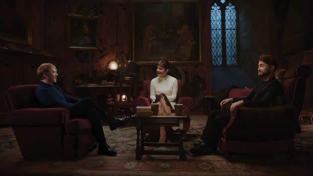 Rupert Grint, Emma Watson and Daniel Radcliffe pictured on the set of the Harry Potter reunion (Photo: HBO via PA Features Archive/Press Association Images)